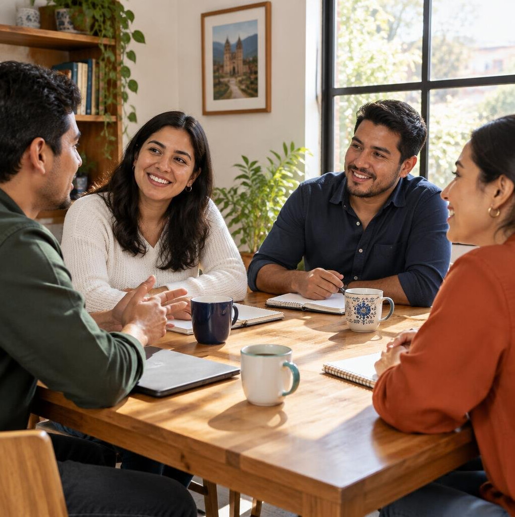 Group of Latin American friends talking around a table in a bright room