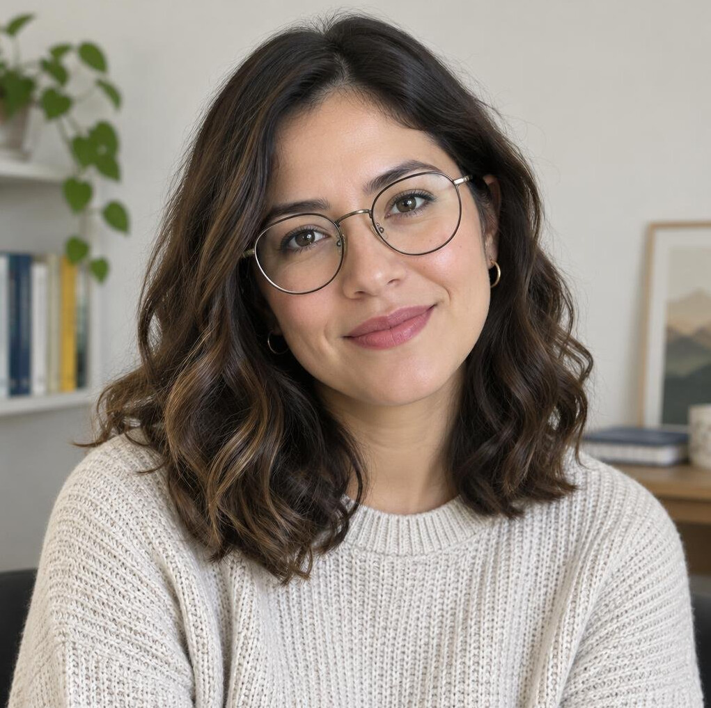 Portrait of a young Latina woman with shoulder-length hair and glasses