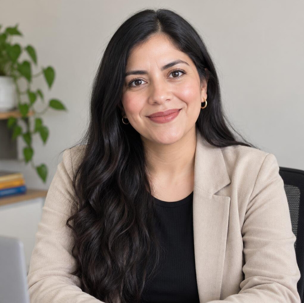 Portrait of a smiling Latina woman with long dark hair in a bright office