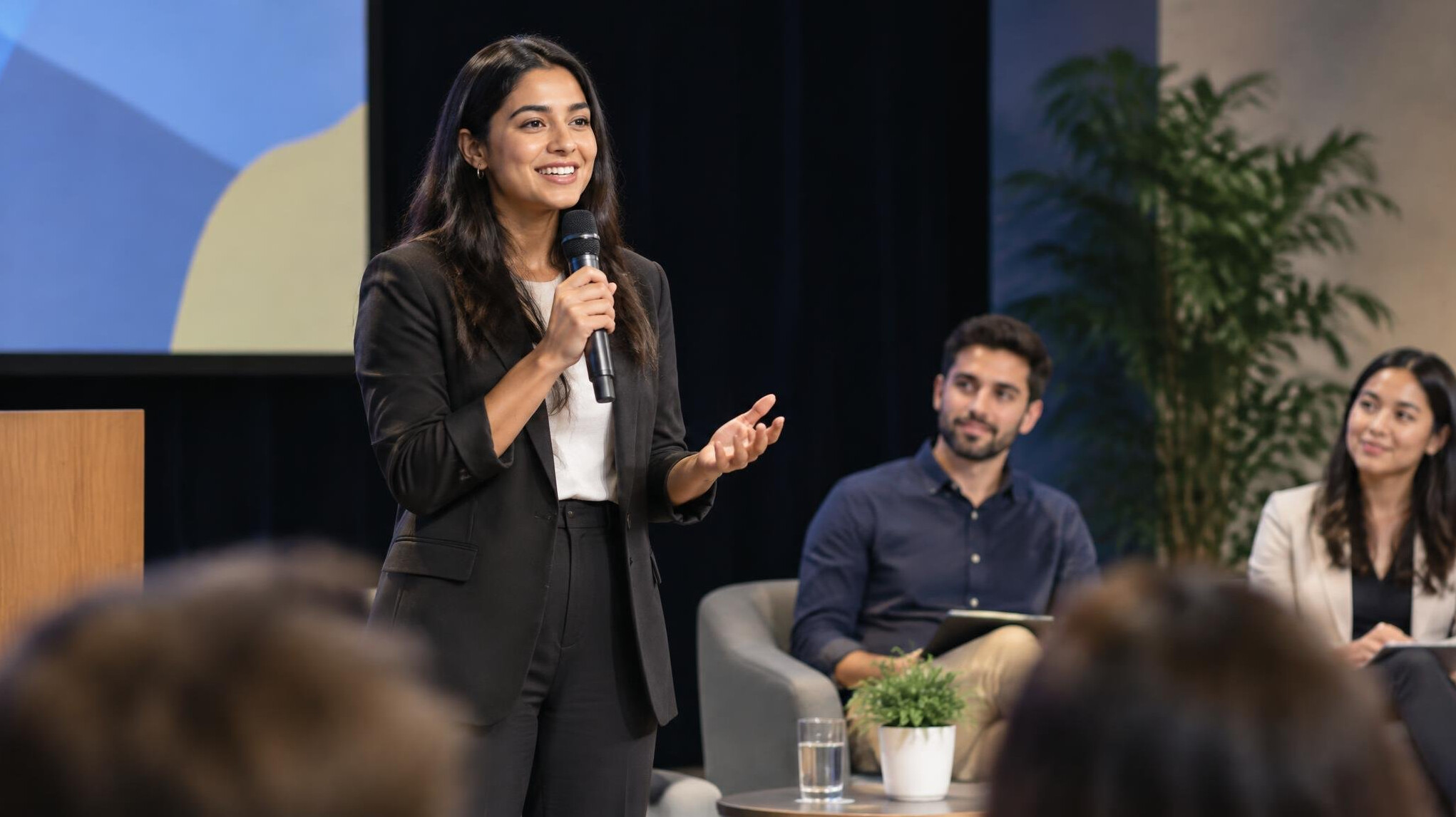 person speaking confidently on stage